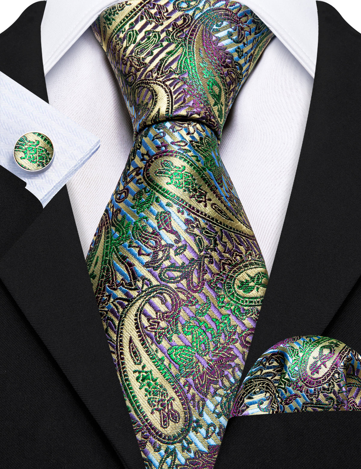 Colorful Paisley Silk Tie, Pocket Square and Cufflinks Set tie sets    - Sophisticated Gentlemen