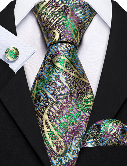 Colorful Paisley Silk Tie, Pocket Square and Cufflinks Set tie sets    - Sophisticated Gentlemen