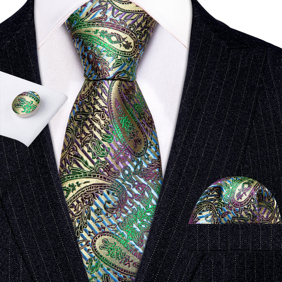 Colorful Paisley Silk Tie, Pocket Square and Cufflinks Set tie sets    - Sophisticated Gentlemen