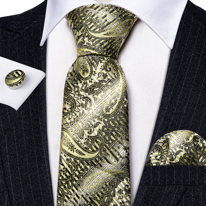 Black Silver Paisley Silk Tie, Pocket Square and Cufflinks Set tie sets    - Sophisticated Gentlemen