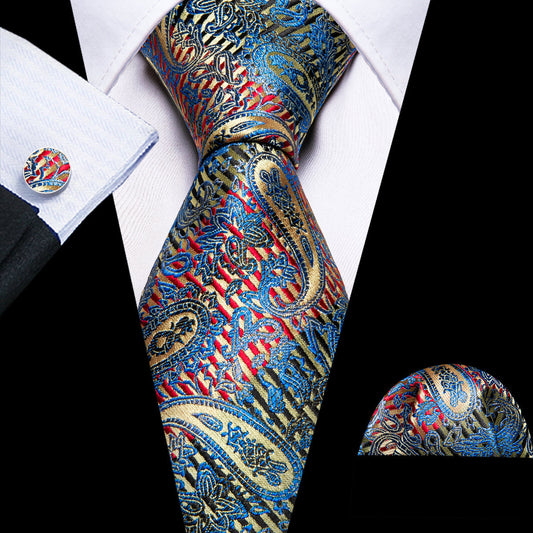 Shining Blue Red Paisley Silk Tie, Pocket Square and Cufflinks Set tie sets    - Sophisticated Gentlemen
