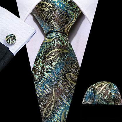 Black Gold Paisley Silk Tie, Pocket Square and Cufflinks Set tie sets    - Sophisticated Gentlemen