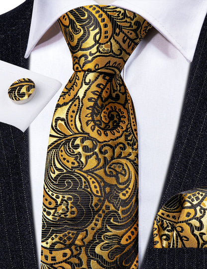 Classy Gold Black Paisley Silk Tie, Pocket Square and Cufflinks Set tie sets    - Sophisticated Gentlemen