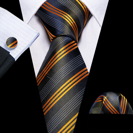 Black Orange White Jacquard Stripes Silk Tie, Pocket Square and Cufflinks Set tie sets    - Sophisticated Gentlemen