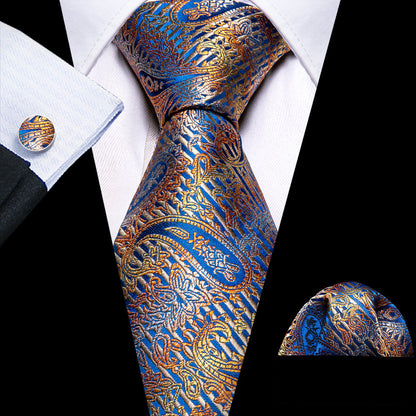 Royal Blue Gold Paisley Tie, Pocket Square and Cufflinks Set tie sets    - Sophisticated Gentlemen