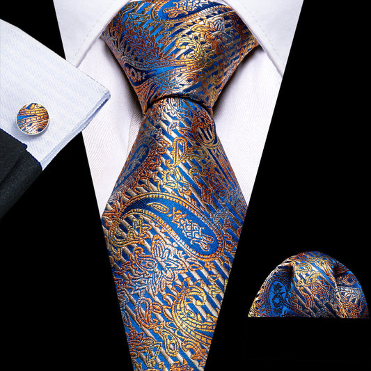 Royal Blue Gold Paisley Tie, Pocket Square and Cufflinks Set tie sets    - Sophisticated Gentlemen