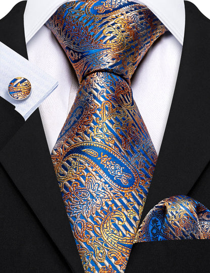 Royal Blue Gold Paisley Tie, Pocket Square and Cufflinks Set tie sets    - Sophisticated Gentlemen