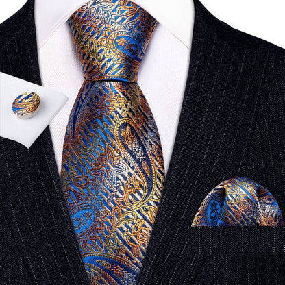 Royal Blue Gold Paisley Tie, Pocket Square and Cufflinks Set tie sets    - Sophisticated Gentlemen