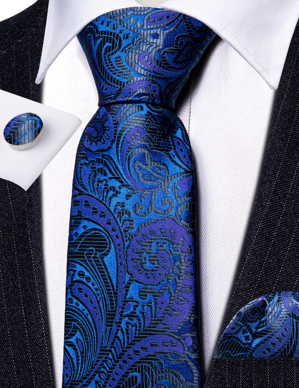 Dark Blue Paisley Silk Tie, Pocket Square and Cufflinks Set tie sets    - Sophisticated Gentlemen