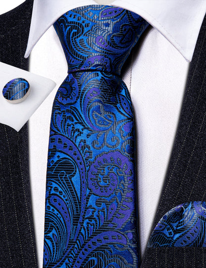 Dark Blue Paisley Silk Tie, Pocket Square and Cufflinks Set tie sets    - Sophisticated Gentlemen
