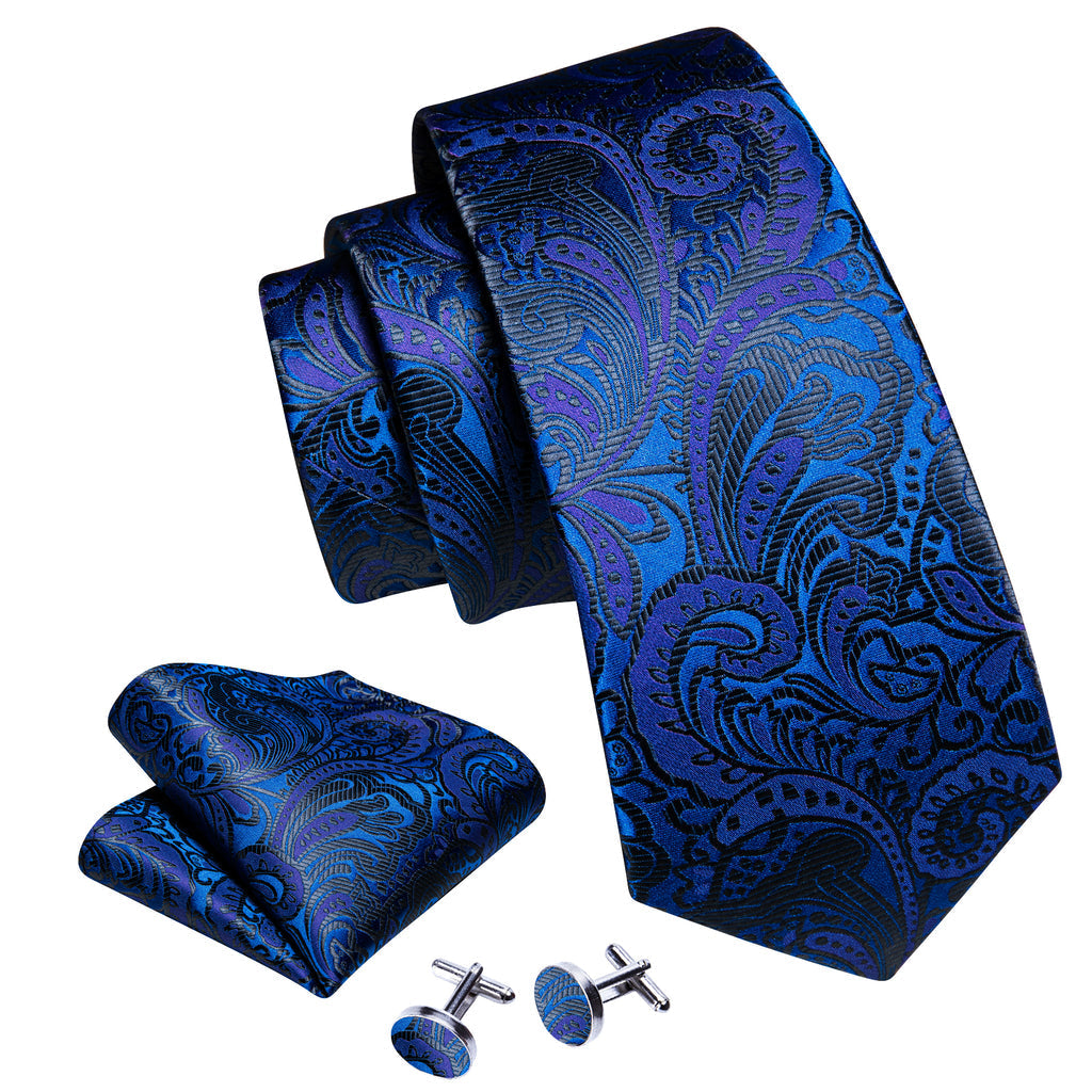 Dark Blue Paisley Silk Tie, Pocket Square and Cufflinks Set tie sets    - Sophisticated Gentlemen