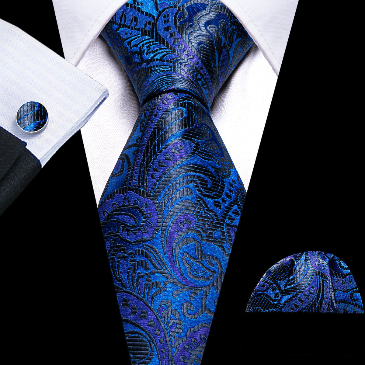 Dark Blue Paisley Silk Tie, Pocket Square and Cufflinks Set tie sets    - Sophisticated Gentlemen