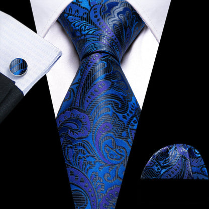 Dark Blue Paisley Silk Tie, Pocket Square and Cufflinks Set tie sets    - Sophisticated Gentlemen