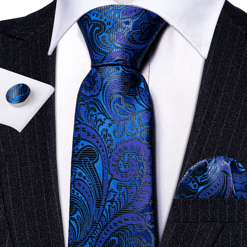 Dark Blue Paisley Silk Tie, Pocket Square and Cufflinks Set tie sets    - Sophisticated Gentlemen