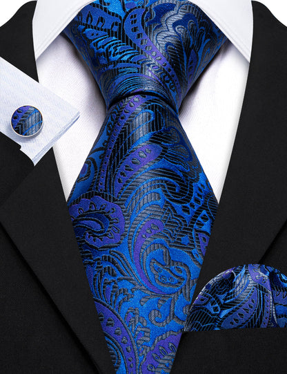 Dark Blue Paisley Silk Tie, Pocket Square and Cufflinks Set tie sets    - Sophisticated Gentlemen