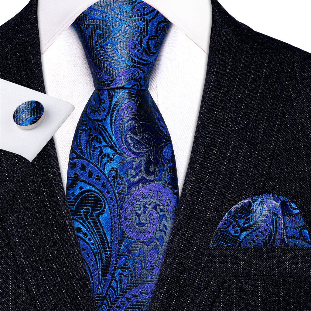 Dark Blue Paisley Silk Tie, Pocket Square and Cufflinks Set tie sets    - Sophisticated Gentlemen