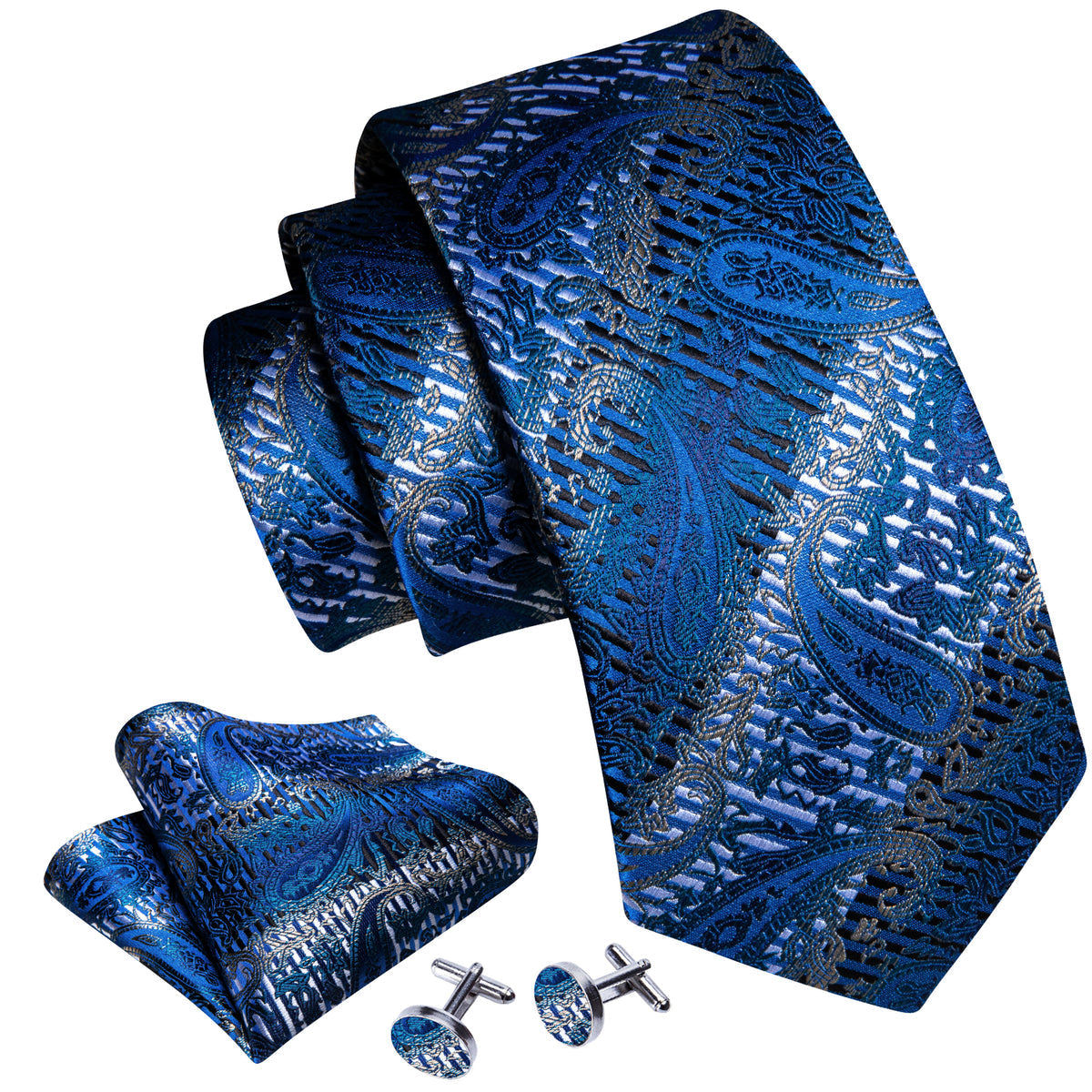 Blue Silver Paisley Silk Tie, Pocket Square and Cufflinks Set tie sets    - Sophisticated Gentlemen