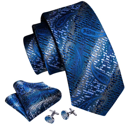 Blue Silver Paisley Silk Tie, Pocket Square and Cufflinks Set tie sets    - Sophisticated Gentlemen