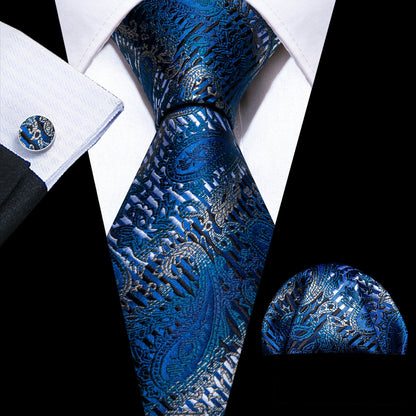 Blue Silver Paisley Silk Tie, Pocket Square and Cufflinks Set tie sets    - Sophisticated Gentlemen