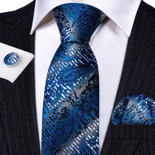 Blue Silver Paisley Silk Tie, Pocket Square and Cufflinks Set tie sets    - Sophisticated Gentlemen