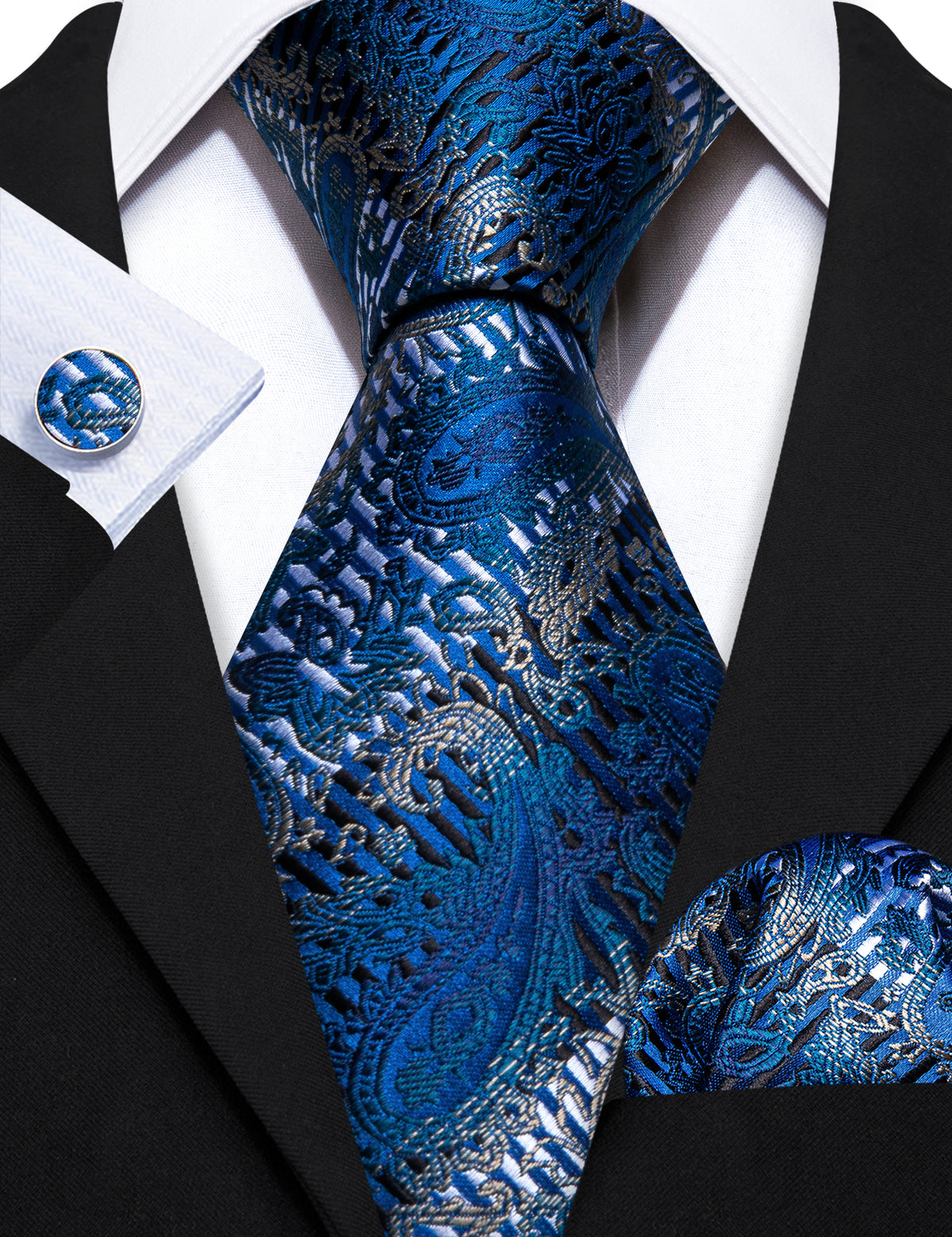 Blue Silver Paisley Silk Tie, Pocket Square and Cufflinks Set tie sets    - Sophisticated Gentlemen