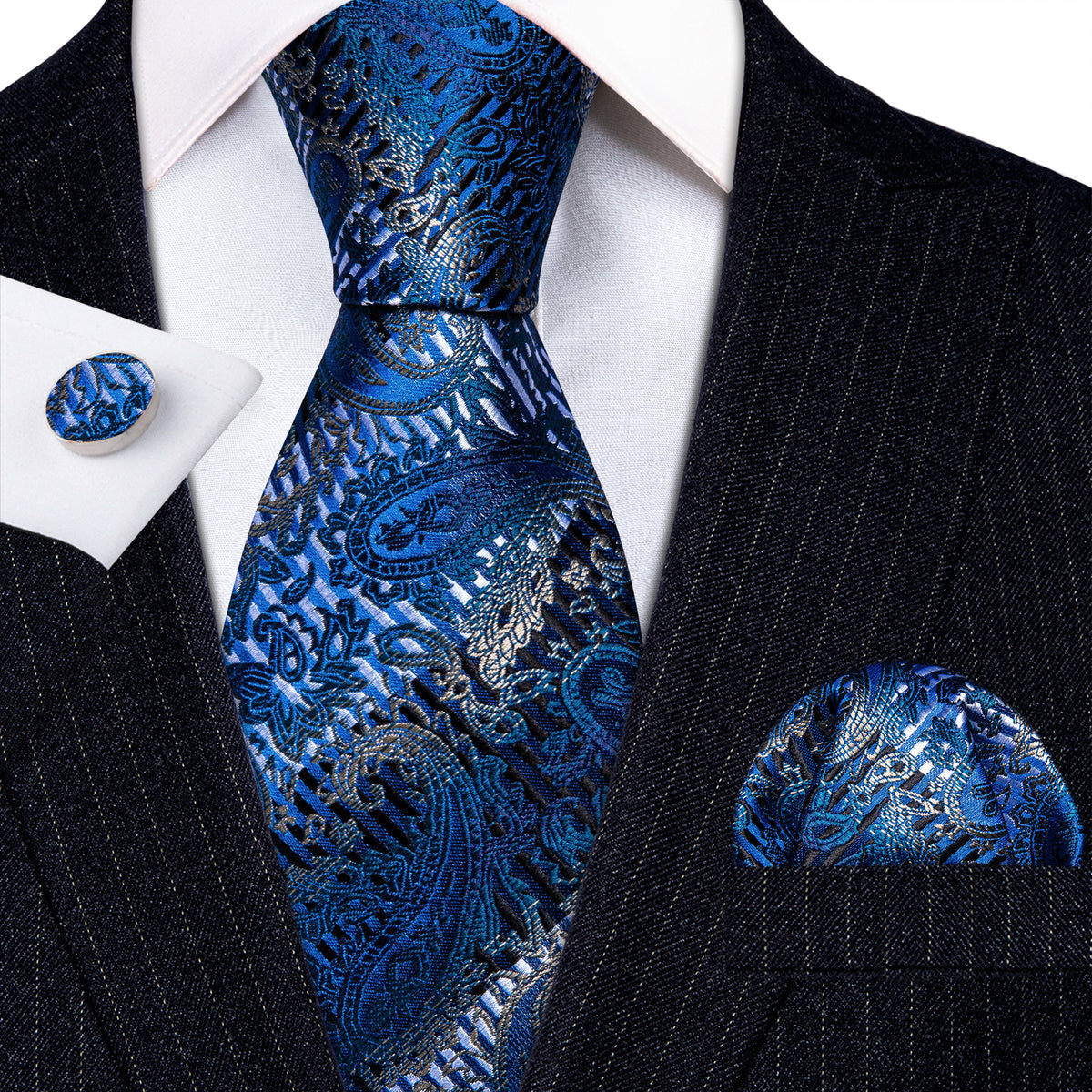 Blue Silver Paisley Silk Tie, Pocket Square and Cufflinks Set tie sets    - Sophisticated Gentlemen