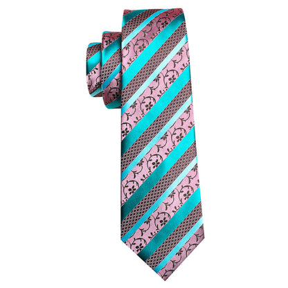 Blue Pink Floral Striped Silk Tie, Pocket Square and Cufflinks Set tie sets    - Sophisticated Gentlemen