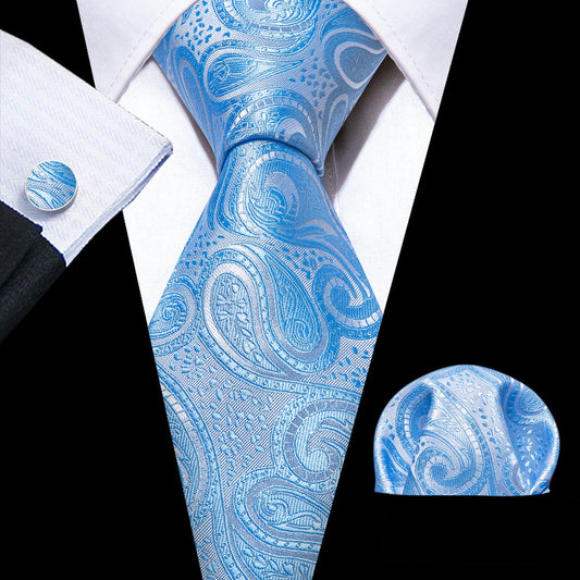 Light Blue Silver Paisley Tie, Pocket Square and Cufflinks Set tie sets    - Sophisticated Gentlemen