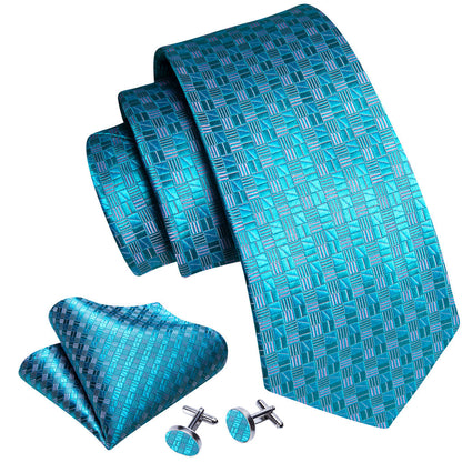 Cyan Blue Plaid Silk Tie, Pocket Square and Cufflinks Set tie sets    - Sophisticated Gentlemen