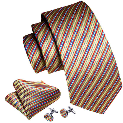 Red Gold Striped Floral Silk Tie, Pocket Square and Cufflinks Set tie sets    - Sophisticated Gentlemen