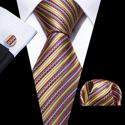 Red Gold Striped Floral Silk Tie, Pocket Square and Cufflinks Set tie sets    - Sophisticated Gentlemen