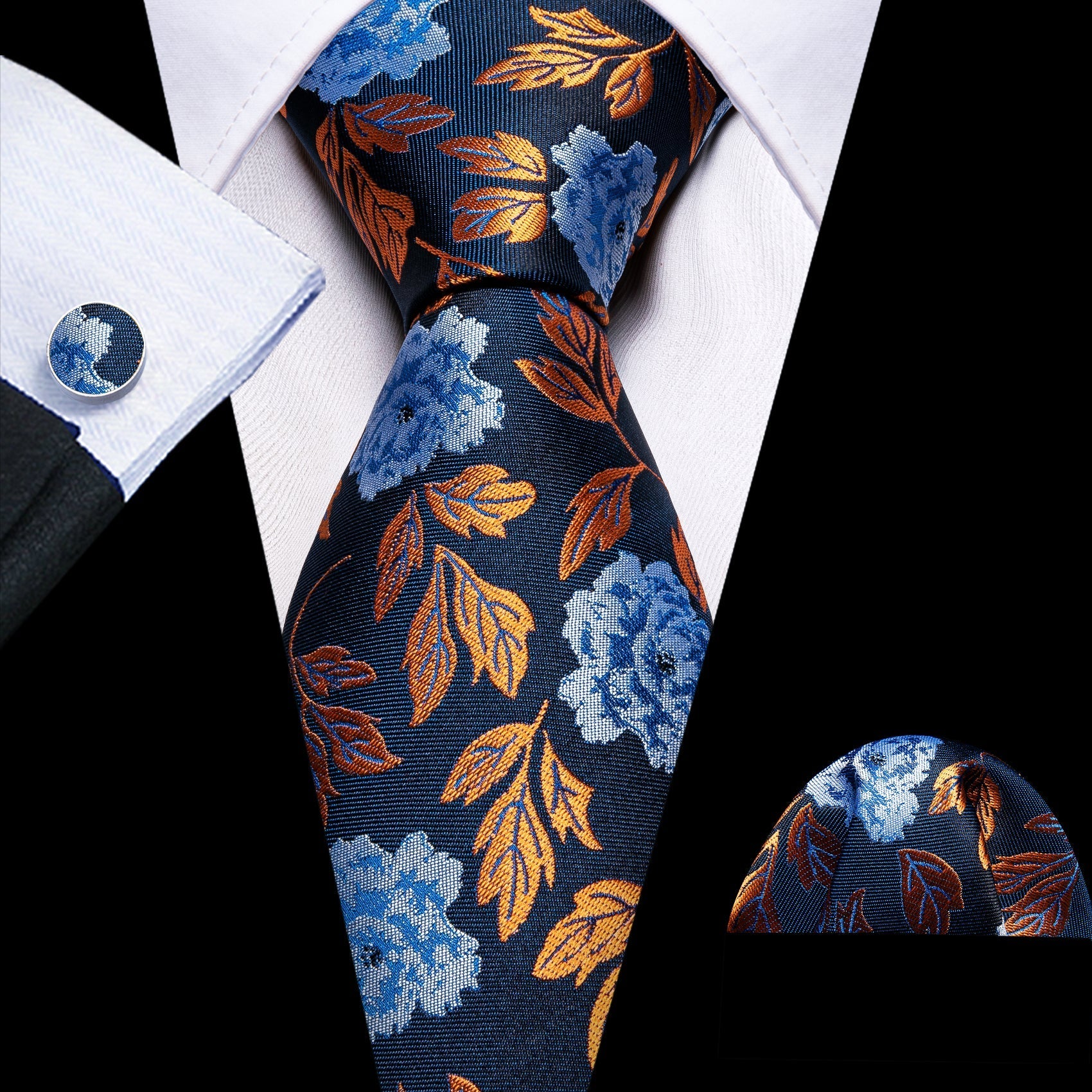Golden Leaves Silk Tie, Pocket Square and Cufflinks tie sets Standard packaging   - Sophisticated Gentlemen