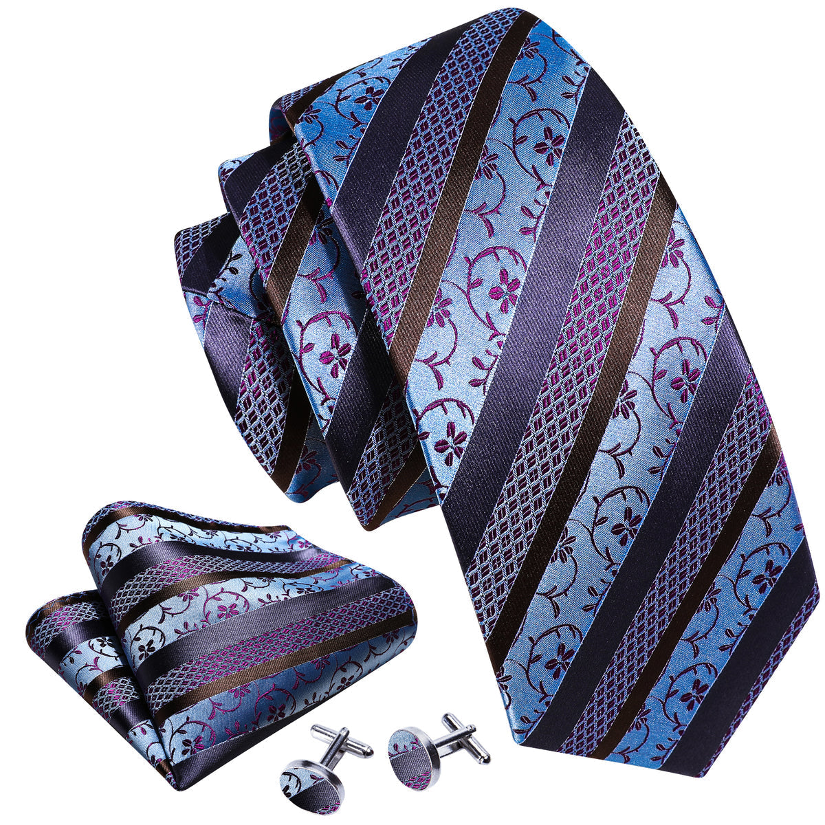 Blue Purple Striped Floral Silk Tie, Pocket Square and Cufflinks Set tie sets    - Sophisticated Gentlemen