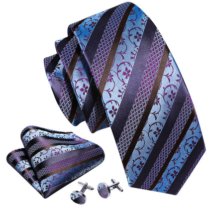 Blue Purple Striped Floral Silk Tie, Pocket Square and Cufflinks Set tie sets    - Sophisticated Gentlemen