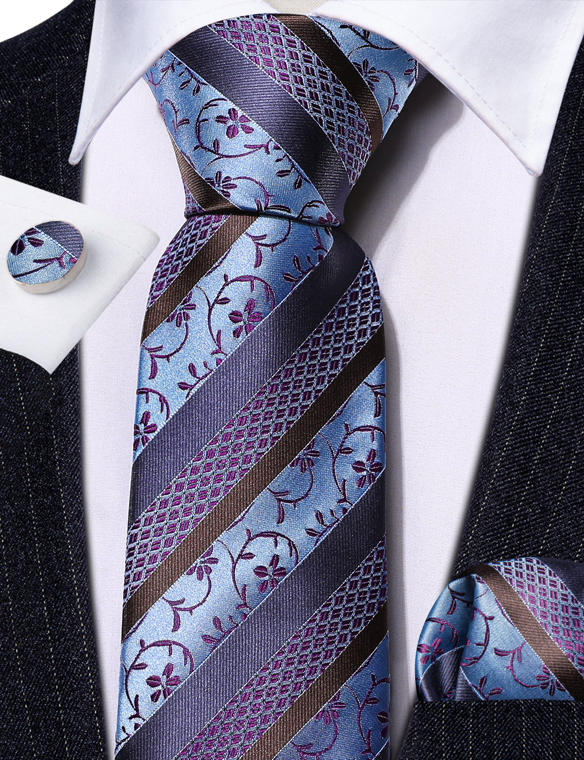 Blue Purple Striped Floral Silk Tie, Pocket Square and Cufflinks Set tie sets    - Sophisticated Gentlemen