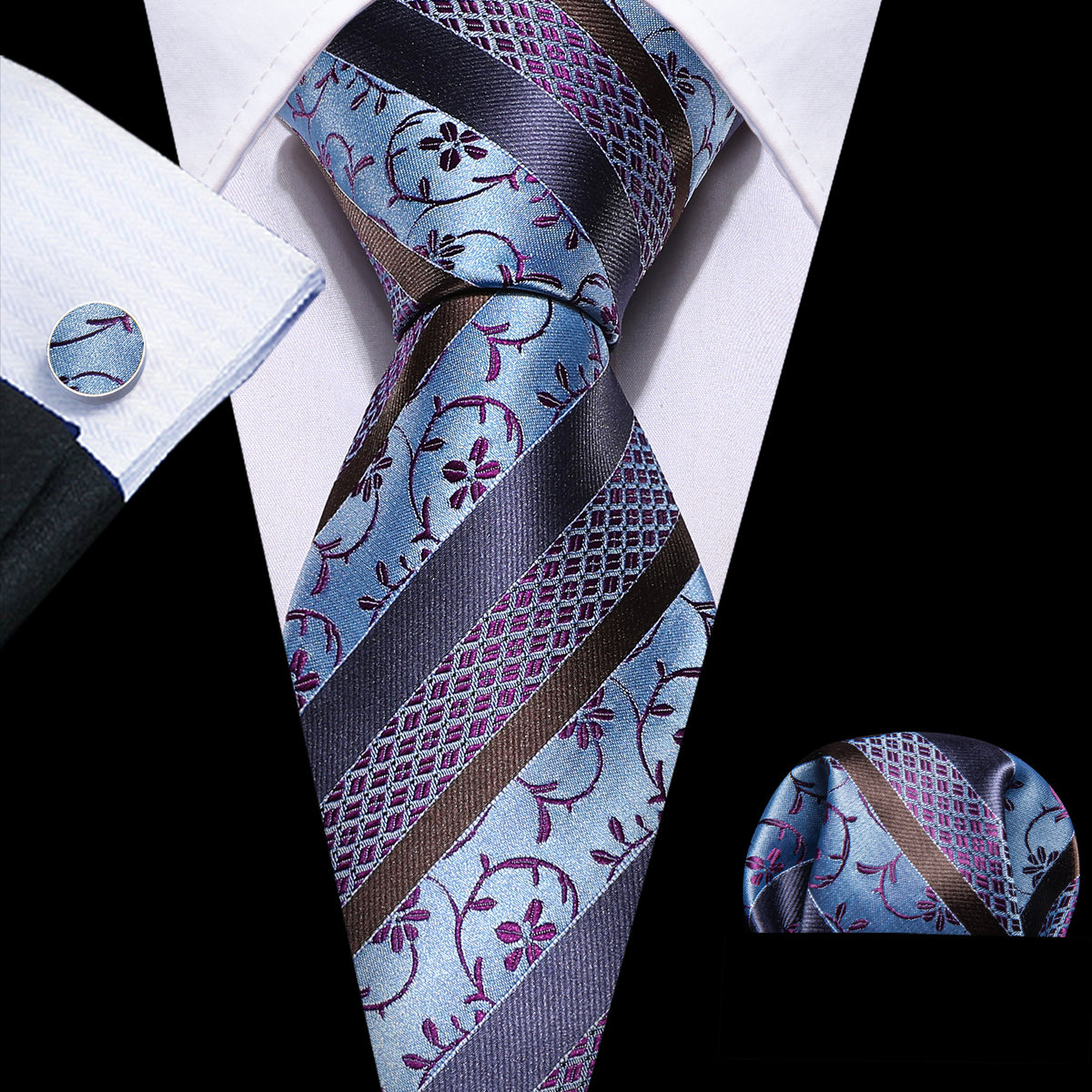Blue Purple Striped Floral Silk Tie, Pocket Square and Cufflinks Set tie sets    - Sophisticated Gentlemen