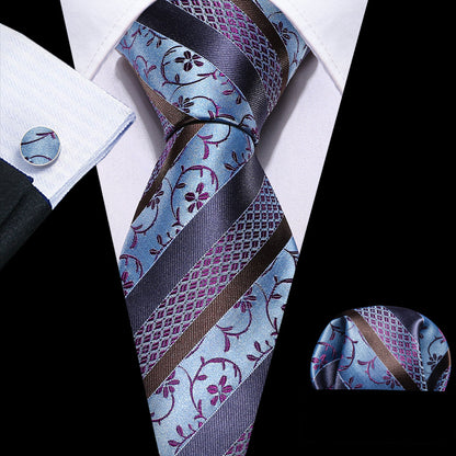 Blue Purple Striped Floral Silk Tie, Pocket Square and Cufflinks Set tie sets    - Sophisticated Gentlemen
