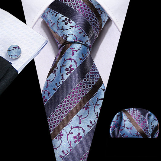 Blue Purple Striped Floral Silk Tie, Pocket Square and Cufflinks Set tie sets    - Sophisticated Gentlemen