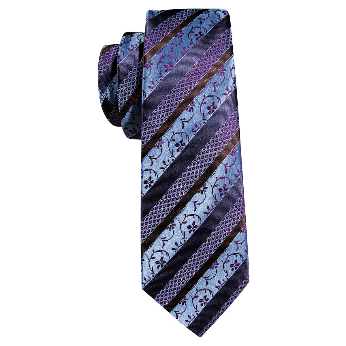 Blue Purple Striped Floral Silk Tie, Pocket Square and Cufflinks Set tie sets    - Sophisticated Gentlemen