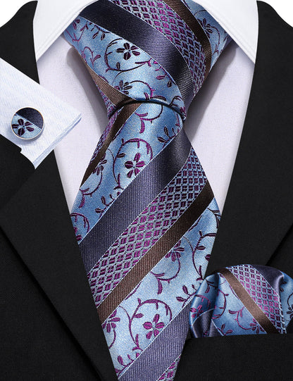 Blue Purple Striped Floral Silk Tie, Pocket Square and Cufflinks Set tie sets    - Sophisticated Gentlemen