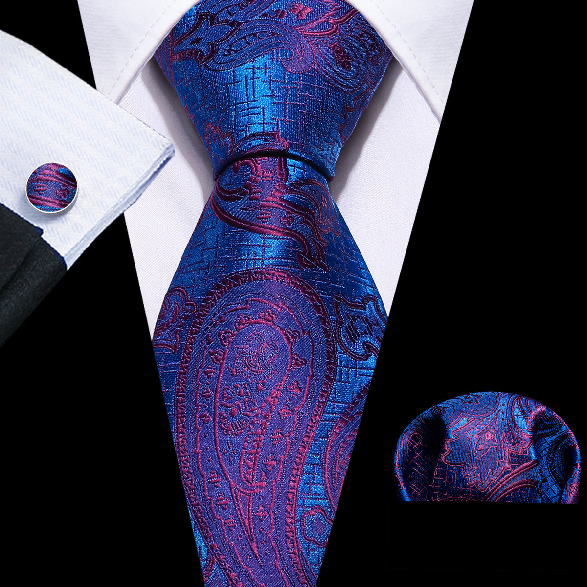 Blue Purple Paisley Silk Tie, Pocket Square and Cufflinks Set tie sets    - Sophisticated Gentlemen