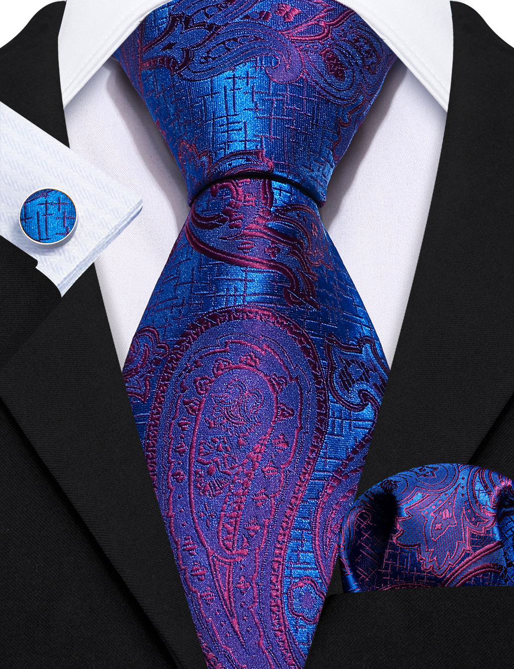 Blue Purple Paisley Silk Tie, Pocket Square and Cufflinks Set tie sets    - Sophisticated Gentlemen