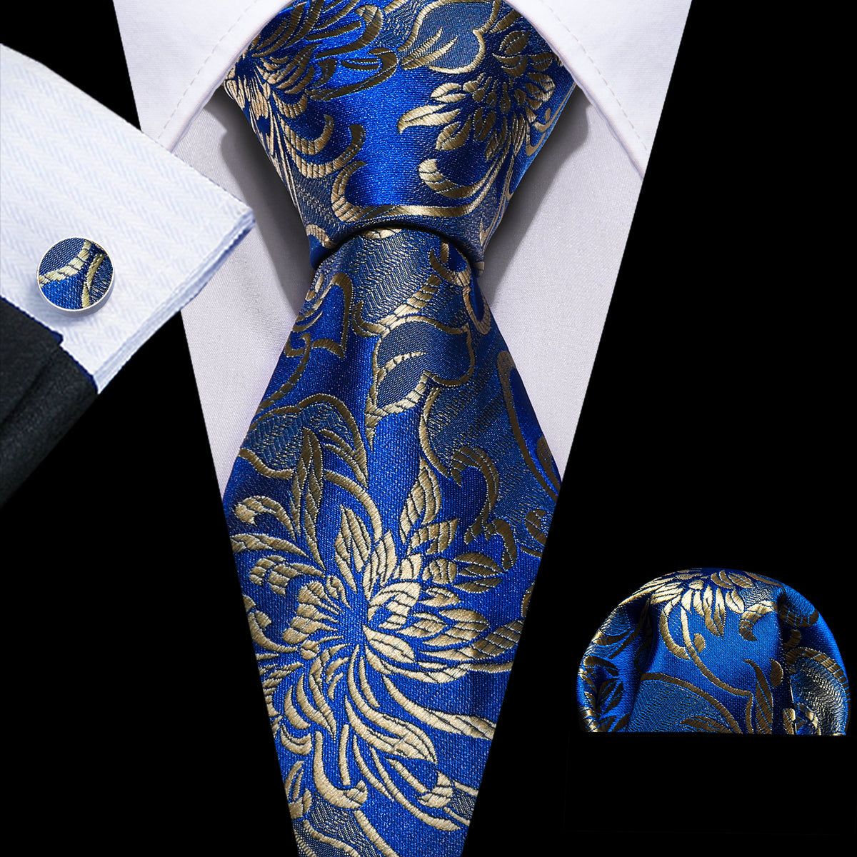 Blue Gold Flower Silk Tie, Pocket Square and Cufflinks Set tie sets    - Sophisticated Gentlemen
