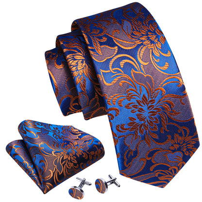 Orange Blue Brown Floral Silk Tie, Pocket Square and Cufflinks Set tie sets    - Sophisticated Gentlemen