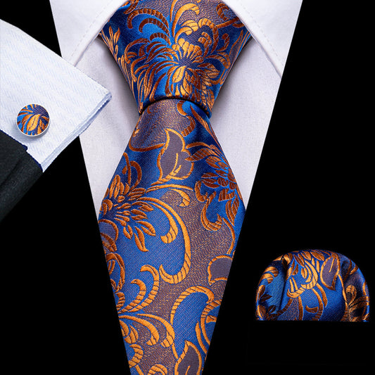 Orange Blue Brown Floral Silk Tie, Pocket Square and Cufflinks Set tie sets    - Sophisticated Gentlemen
