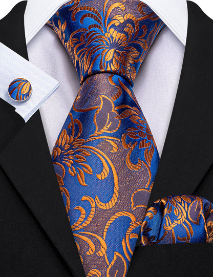Orange Blue Brown Floral Silk Tie, Pocket Square and Cufflinks Set tie sets    - Sophisticated Gentlemen