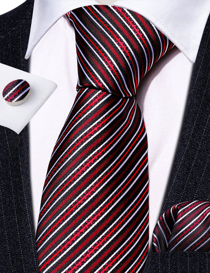 Black Red Classy Striped Silk Tie, Pocket Square and Cufflinks Set tie sets    - Sophisticated Gentlemen