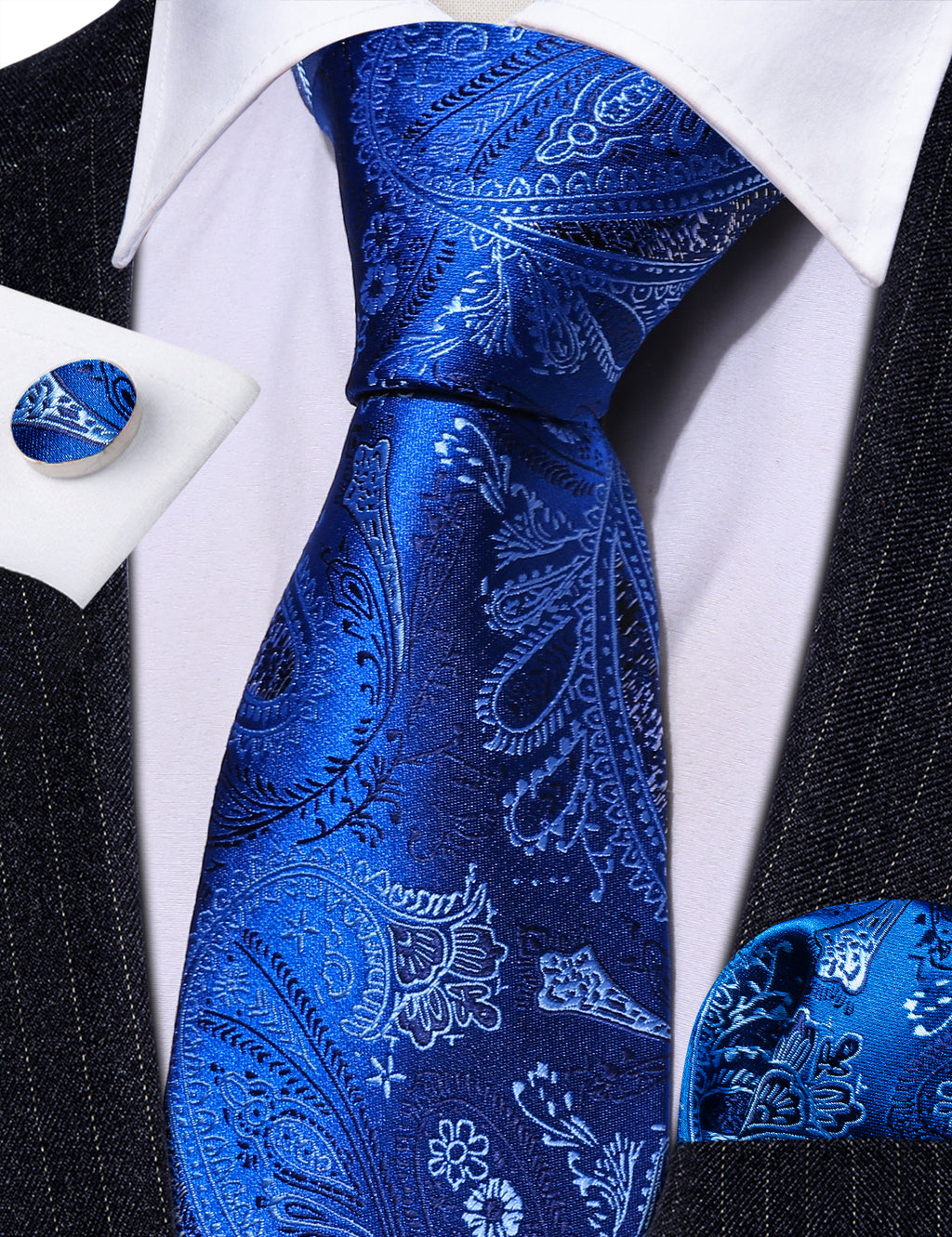 Blue White Paisley Silk Tie, Pocket Square and Cufflinks Set tie sets    - Sophisticated Gentlemen