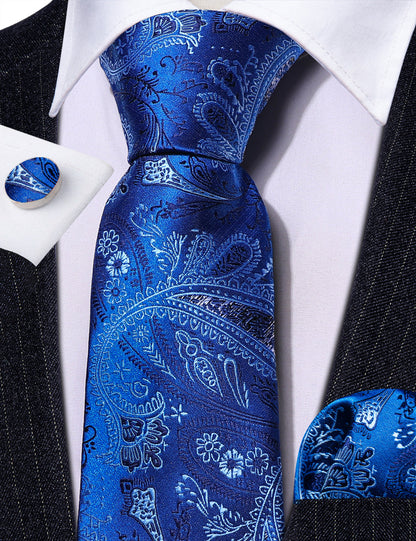 Blue White Paisley Silk Tie, Pocket Square and Cufflinks Set tie sets    - Sophisticated Gentlemen
