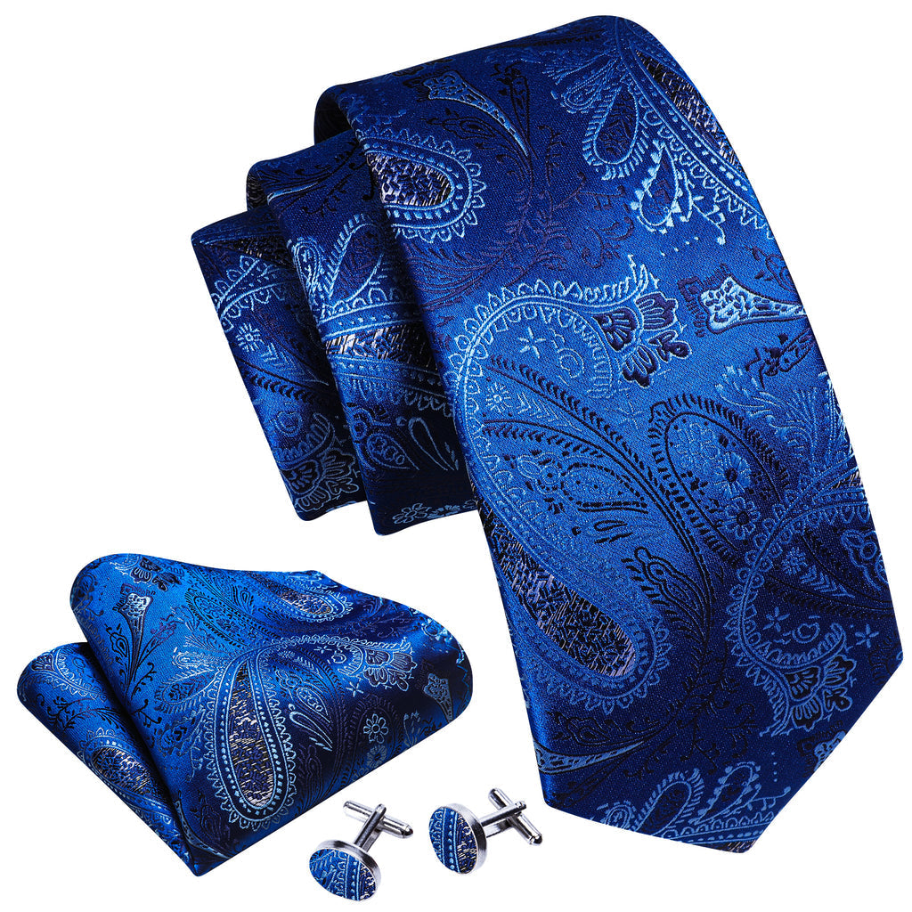 Blue White Paisley Silk Tie, Pocket Square and Cufflinks Set tie sets    - Sophisticated Gentlemen